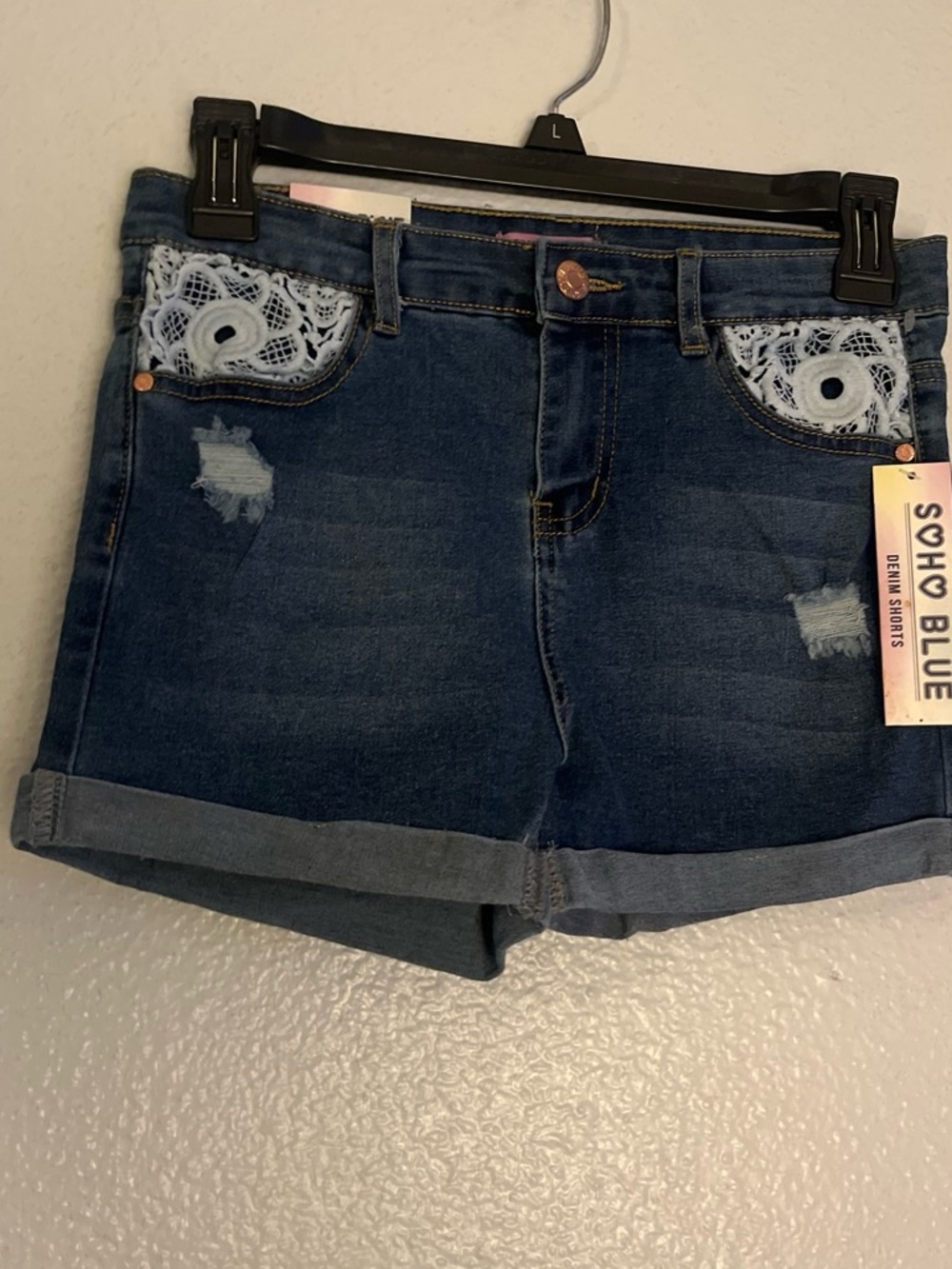 Soho Dark Blue Denim Shorts with White Lace Trim